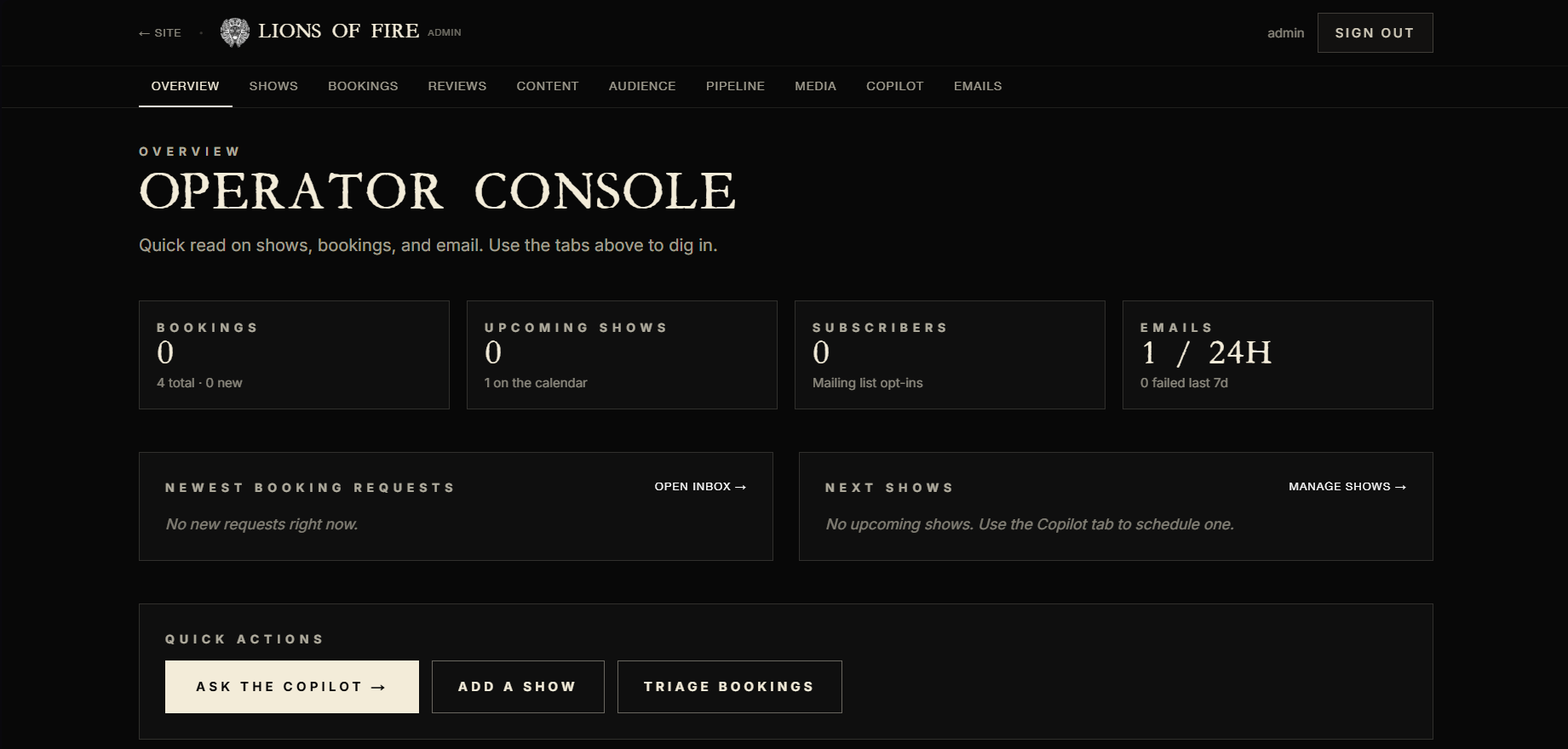 Lions of Fire operator console with bookings, shows, reviews, content, audience, pipeline, media, copilot, and emails tabs