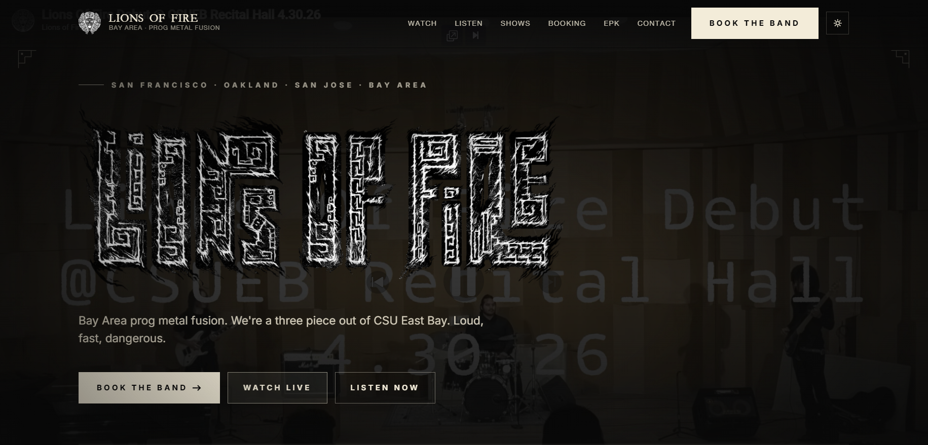 Lions of Fire homepage with hero band photo and CTAs
