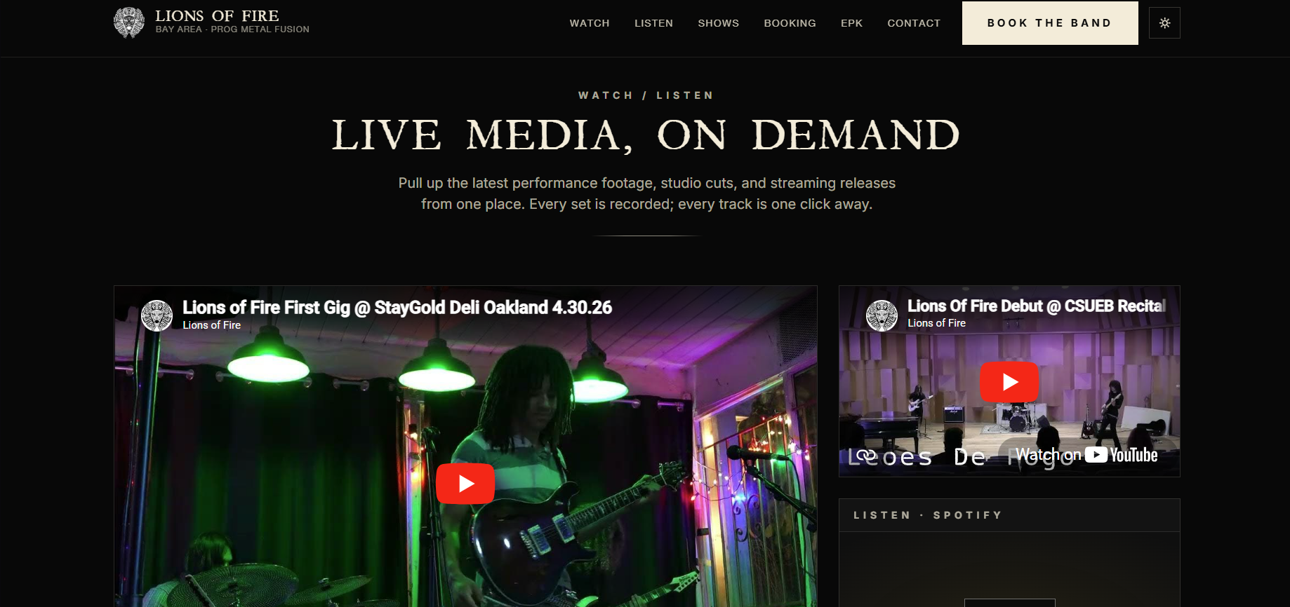 Lions of Fire /listen page with embedded performance videos